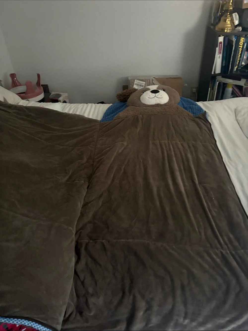 Plush Brown Puppy Floor Pillow Sleeping Bag with Blue Backing